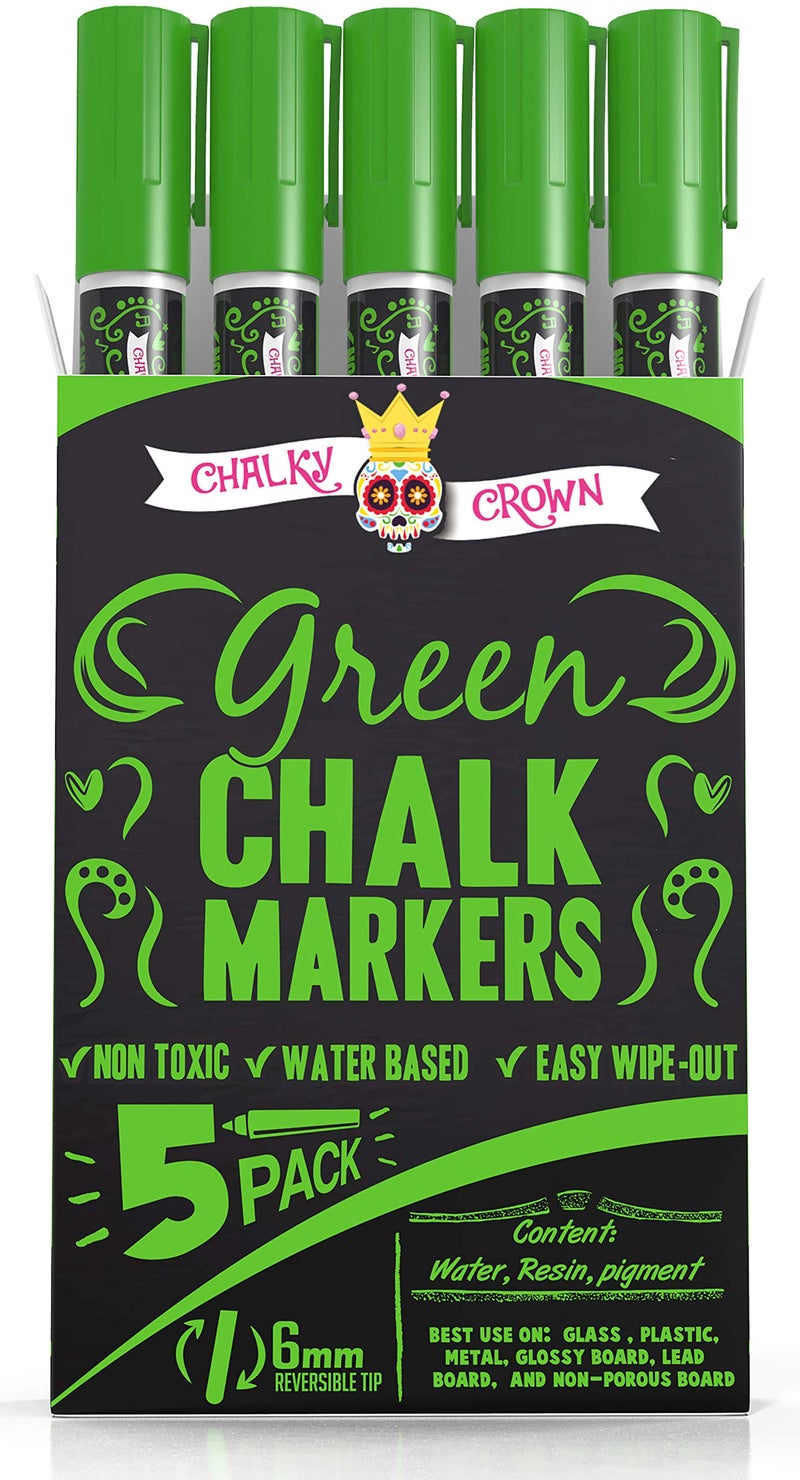 CHALKY CROWN قلم ماركر سائل تشالك كراون - قلم مسح جاف - أقلام تشالك لعلامات السبورة، النوافذ، السبورة السوداء، الزجاج - طرف قابل للعكس 6 مم (أخضر، 5 عبوات) - Image 1